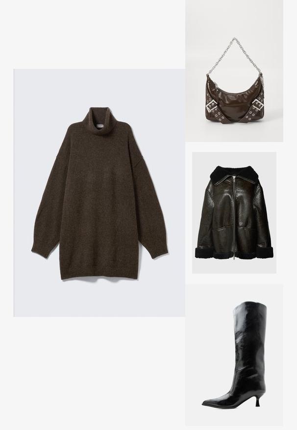 Chaqueta de cuero marrón con cuello y puños de piel de oveja negra. Presenta una cremallera frontal y dos bolsillos laterales. Acabado texturizado, corte oversize.; Suéter marrón de cuello alto sobredimensionado con hombros caídos, cuello acanalado y tejido suave y texturizado. Diseño simple y relajado.; Bota negra de cuero brillante hasta la rodilla con punta puntiaguda y tacón bajo curvado sobre un fondo claro y liso.; Bolso de mano de cuero patentado marrón oscuro con cadena plateada, cinturones decorativos de doble hebilla y cierre de cremallera.