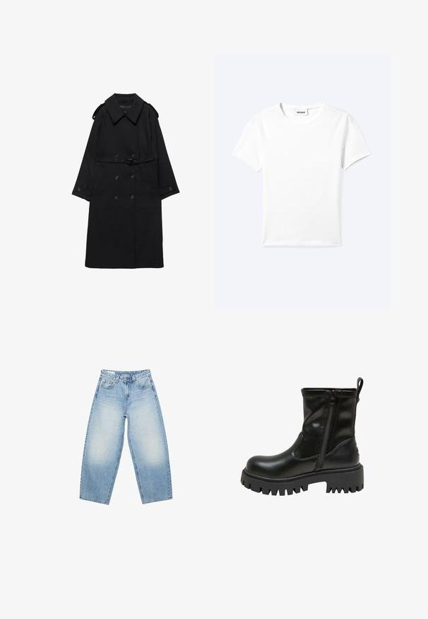 Trench coat noir avec large col, boutons croisés, taille ceinturée, poignets à boutons et épaulettes, posé à plat sur fond blanc.; T-shirt blanc uni à manches courtes et col rond avec une petite étiquette "WEEKDAY" à l'intérieur de l'encolure, présenté à plat sur un fond clair.; Jean large taille haute bleu clair avec poches avant, passants pour ceinture et zones décolorées sur les cuisses.; Botte en cuir noire mi-mollet avec semelle à crampons épaisse, fermeture éclair latérale, languette à l'arrière et nom de la marque embossé sur le bord de la semelle.