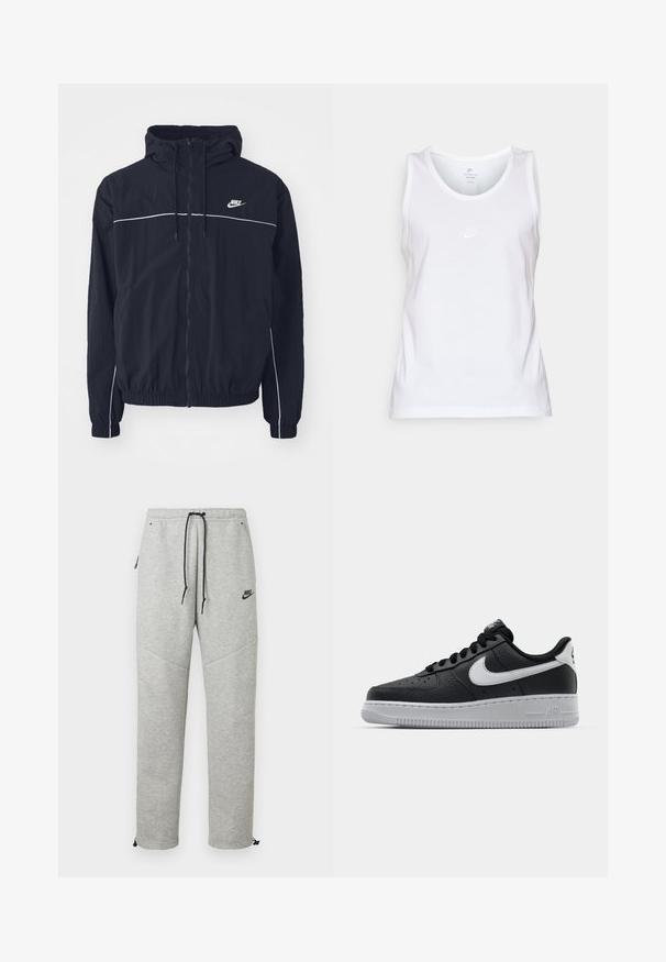 Μαύρο φούτερ με κουκούλα της Nike με ολόκληρο φερμουάρ εμπρός, λευκές λεπτομέρειες στο στήθος και τα μανίκια, ελαστικά μανσέτες και πλαϊνές τσέπες.; Λευκό βαμβακερό αμάνικο μπλουζάκι με στρογγυλή λαιμόκοψη, χωρίς μανίκια, και ένα μικρό τονικό λογότυπο Nike στο μπροστινό μέρος. Λείος υφασμάτινος σχεδιασμός.; Γκρίζες φόρμες Nike με κορδόνι στη μέση, πλαϊνές τσέπες και ελαστικές μανσέτες. Διαθέτουν λεία υφή και αντίθετη μαύρη λεπτομέρεια με το λογότυπο.; Μαύρο δερμάτινο αθλητικό παπούτσι με υφασμάτινη επιφάνεια, άσπρο λογότυπο Nike, γκρίζα σόλα, στρογγυλή μύτη και σχέδιο με κορδόνια. Διαθέτει διάτρητα σημεία στην περιοχή της μύτης.