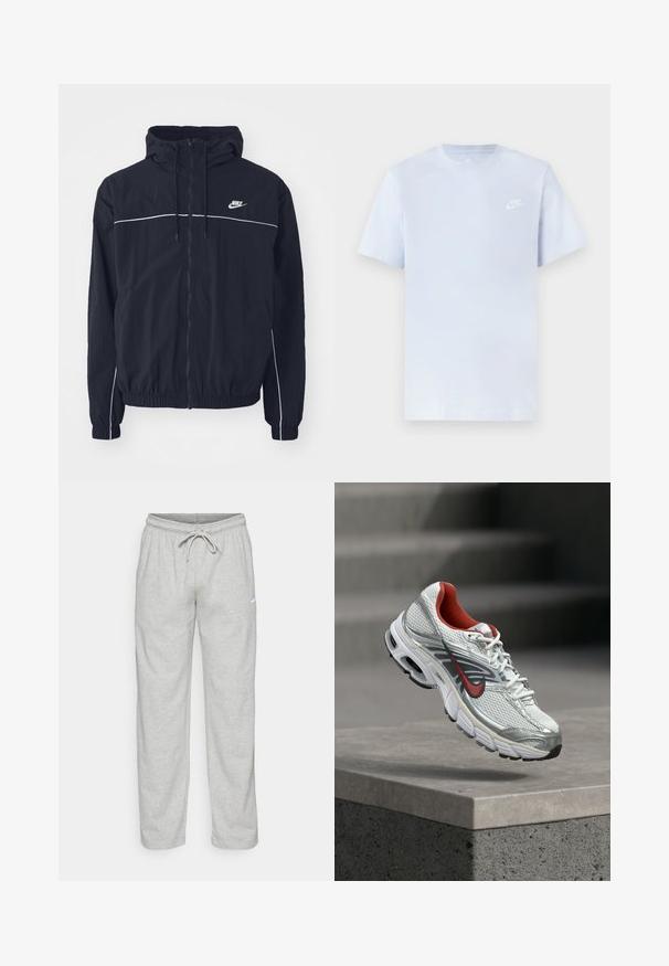 Μαύρο φούτερ με κουκούλα της Nike με ολόκληρο φερμουάρ εμπρός, λευκές λεπτομέρειες στο στήθος και τα μανίκια, ελαστικά μανσέτες και πλαϊνές τσέπες.; Ανοιχτό μπλε βαμβακερό μπλουζάκι με κοντά μανίκια, στρογγυλή λαιμόκοψη και λευκό λογότυπο Nike εκτυπωμένο στο αριστερό στήθος. Λείο υλικό, απλός σχεδιασμός.; Ανοιχτό γκρι φόρμες από απαλό ύφασμα. Διαθέτουν ελαστική ζώνη με κορδόνι και λογότυπο Nike σε μαύρο χρώμα στο αριστερό μηρό.; Λευκό και ασημί παπούτσι τρεξίματος Nike με κόκκινες λεπτομέρειες να αιωρείται πάνω από μια τσιμεντένια άκρη, παρουσιάζοντας τις πλευρικές και σόλες λεπτομέρειες.