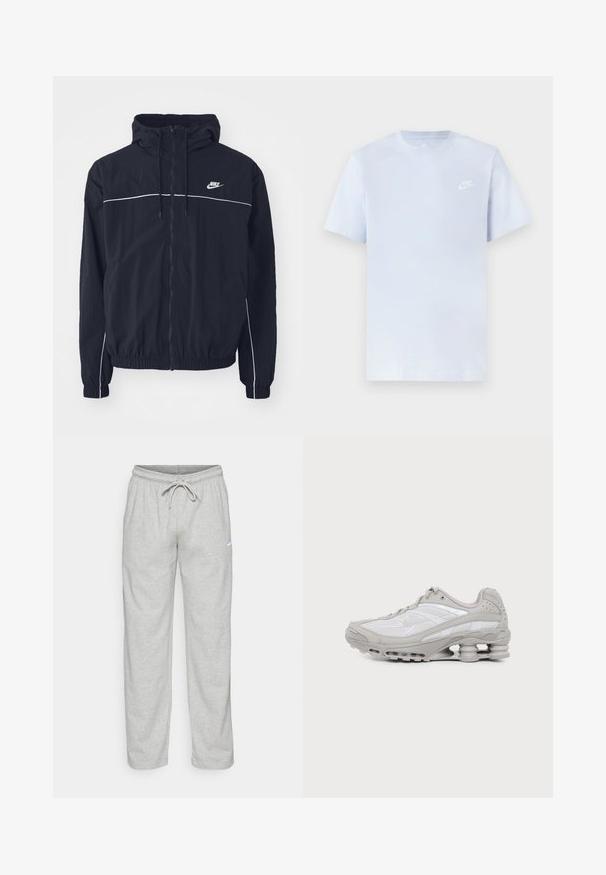 Μαύρο φούτερ με κουκούλα της Nike με ολόκληρο φερμουάρ εμπρός, λευκές λεπτομέρειες στο στήθος και τα μανίκια, ελαστικά μανσέτες και πλαϊνές τσέπες.; Ανοιχτό μπλε βαμβακερό μπλουζάκι με κοντά μανίκια, στρογγυλή λαιμόκοψη και λευκό λογότυπο Nike εκτυπωμένο στο αριστερό στήθος. Λείο υλικό, απλός σχεδιασμός.; Ανοιχτό γκρι φόρμες από απαλό ύφασμα. Διαθέτουν ελαστική ζώνη με κορδόνι και λογότυπο Nike σε μαύρο χρώμα στο αριστερό μηρό.; Γκρι και άσπρο αθλητικό παπούτσι με ορατό αεριζόμενο πέλμα και πλέγμα, εμφανίζεται σε προφίλ σε απλό ανοιχτό φόντο.