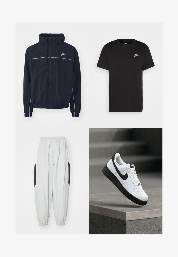 Μαύρο φούτερ με κουκούλα της Nike με ολόκληρο φερμουάρ εμπρός, λευκές λεπτομέρειες στο στήθος και τα μανίκια, ελαστικά μανσέτες και πλαϊνές τσέπες.; Μαύρο βαμβακερό κοντομάνικο T-shirt με στρογγυλή λαιμόκοψη και ένα μικρό λευκό λογότυπο Nike στην επάνω αριστερή πλευρά του στήθους. Λείος υφασμάτινος ιστός. Κλασσική εφαρμογή.; Ανοιχτό γκρι σορτς από ελαφρύ ύφασμα, με ελαστική μέση και μανσέτες, καθώς και αντίθετες μαύρες και λευκές πλαϊνές ρίγες.; Λευκό δερμάτινο αθλητικό παπούτσι με μαύρες λεπτομέρειες, στρογγυλεμένη μύτη και διάτρητη διακόσμηση. Μαύρη σόλα από καουτσούκ με υφή και σύστημα κλεισίματος με κορδόνια.