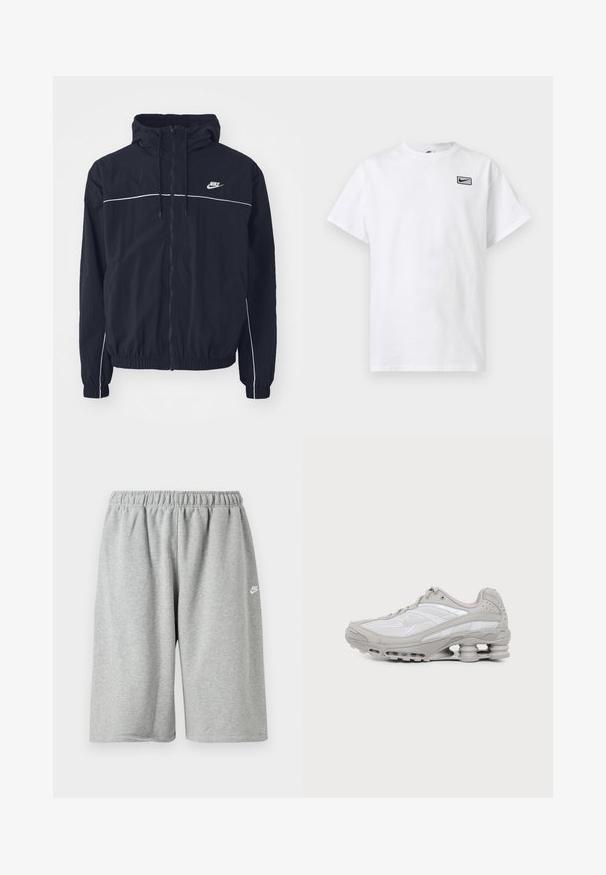 Μαύρο φούτερ με κουκούλα της Nike με ολόκληρο φερμουάρ εμπρός, λευκές λεπτομέρειες στο στήθος και τα μανίκια, ελαστικά μανσέτες και πλαϊνές τσέπες.; Λευκό μπλουζάκι με κοντά μανίκια και στρογγυλή λαιμόκοψη, με μικρό μαύρο λογότυπο Nike swoosh μέσα σε ορθογώνιο στην αριστερή πλευρά του στήθους.; Γκρι βαμβακερό σορτς με ελαστική μέση, άνετη εφαρμογή και μικρό λευκό λογότυπο κοντά στο τελείωμα. Ομαλή υφή, μήκος πάνω από το γόνατο.; Γκρι και άσπρο αθλητικό παπούτσι με ορατό αεριζόμενο πέλμα και πλέγμα, εμφανίζεται σε προφίλ σε απλό ανοιχτό φόντο.