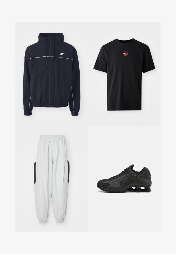 Μαύρο φούτερ με κουκούλα της Nike με ολόκληρο φερμουάρ εμπρός, λευκές λεπτομέρειες στο στήθος και τα μανίκια, ελαστικά μανσέτες και πλαϊνές τσέπες.; Μαύρο βαμβακερό T-shirt με κοντό μανίκι, με εξαγωνικό κόκκινο και λευκό λογότυπο Nike στο στήθος και στρογγυλή λαιμόκοψη.; Ανοιχτό γκρι σορτς από ελαφρύ ύφασμα, με ελαστική μέση και μανσέτες, καθώς και αντίθετες μαύρες και λευκές πλαϊνές ρίγες.; Μαύρα αθλητικά παπούτσια με λείο συνθετικό άνω μέρος, διάτρητες λεπτομέρειες, υφή στις πλευρές και ξεχωριστή ελαστική σόλα.