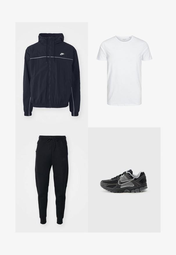 Μαύρο φούτερ με κουκούλα της Nike με ολόκληρο φερμουάρ εμπρός, λευκές λεπτομέρειες στο στήθος και τα μανίκια, ελαστικά μανσέτες και πλαϊνές τσέπες.; Μπλούζα κοντομάνικη με στρογγυλή λαιμόκοψη σε λευκό χρώμα, φτιαγμένη από απαλό βαμβάκι, διαθέτει απλό σχέδιο χωρίς ορατά μοτίβα ή διακοσμητικά.; Μαύροι joggers από απαλό ύφασμα, με μέση που ρυθμίζεται με κορδόνι, κωνικά πόδια και πλαϊνές τσέπες με κομψό σχέδιο.; Μαύρο αθλητικό παπούτσι με πάνελ από δίχτυ και συνθετικές λεπτομέρειες. Διαθέτει στρογγυλεμένο μπροστινό μέρος, παχύ μαξιλαρωτό πάτο και λευκές λεπτομέρειες λογότυπου που ξεχωρίζουν.