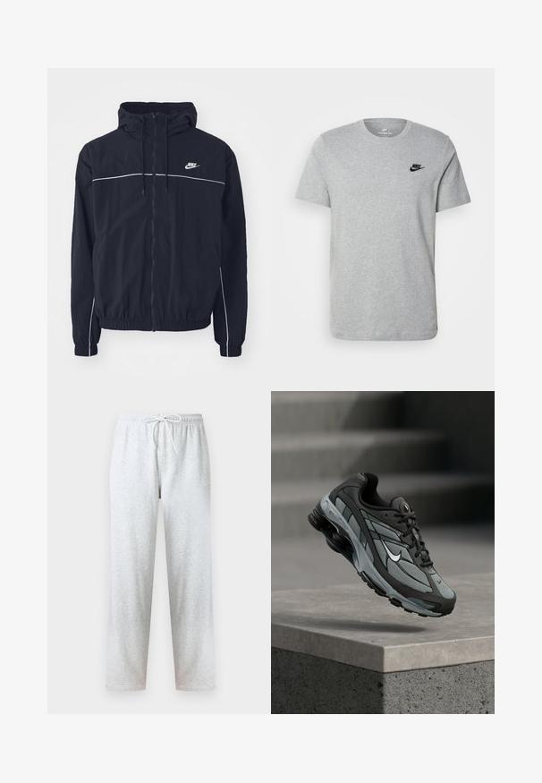 Μαύρο φούτερ με κουκούλα της Nike με ολόκληρο φερμουάρ εμπρός, λευκές λεπτομέρειες στο στήθος και τα μανίκια, ελαστικά μανσέτες και πλαϊνές τσέπες.; Γκρι κοντομάνικη μπλούζα φτιαγμένη από βαμβάκι, με μαύρο λογότυπο Nike στο στήθος και στρογγυλή λαιμόκοψη. Μινιμαλιστικός σχεδιασμός χωρίς μοτίβα.; Γκρι φόρμας από μαλακό ύφασμα, με ελαστική μέση και κορδόνι, και ίσια μπατζάκια. Χωρίς σχέδια ή διακοσμητικά στοιχεία.; Γκρι και μαύρο αθλητικό παπούτσι με πλέγμα και χοντρή σόλα, τοποθετημένο στον αέρα πάνω από ένα τσιμεντένιο περιθώριο με σκάλες στο βάθος.