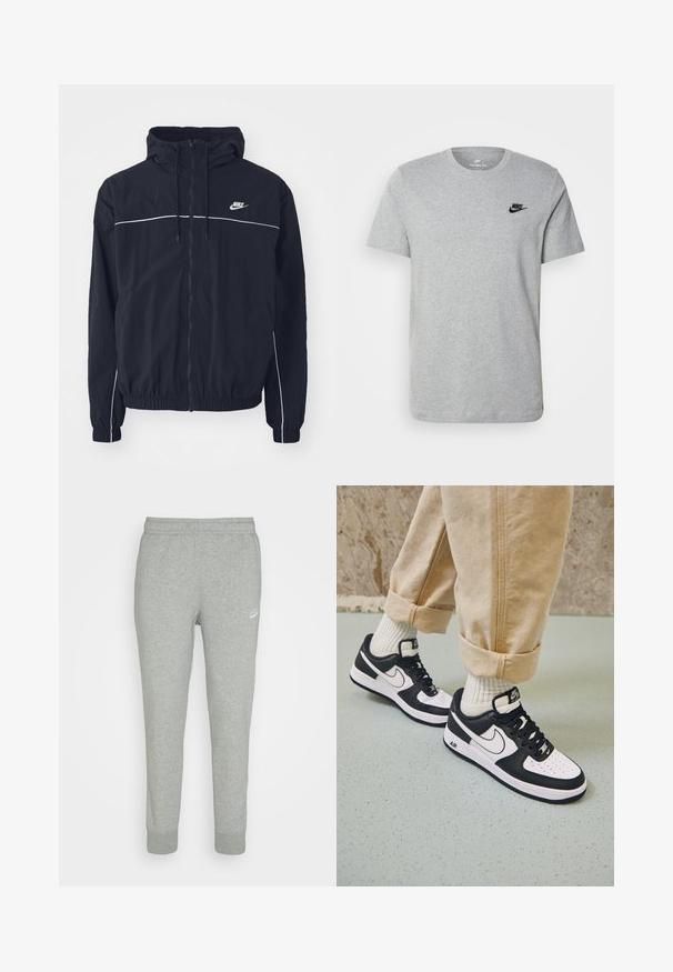 Μαύρο φούτερ με κουκούλα της Nike με ολόκληρο φερμουάρ εμπρός, λευκές λεπτομέρειες στο στήθος και τα μανίκια, ελαστικά μανσέτες και πλαϊνές τσέπες.; Γκρι κοντομάνικη μπλούζα φτιαγμένη από βαμβάκι, με μαύρο λογότυπο Nike στο στήθος και στρογγυλή λαιμόκοψη. Μινιμαλιστικός σχεδιασμός χωρίς μοτίβα.; Γκρί φόρμες από μαλακό ύφασμα, με σχέδιο που στενεύει προς τα κάτω, ελαστική μέση και μικρό λευκό λογότυπο Nike στο αριστερό μηρό.; Μαύρα και άσπρα αθλητικά παπούτσια Nike Air Force 1 με δερμάτινη επένδυση, τρυπητή μύτη και υφασμάτινη λεπτομέρεια στην σόλα, φορεμένα με τυλιγμένα μπεζ παντελόνια και λευκές κάλτσες.
