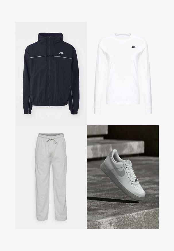 Μαύρο φούτερ με κουκούλα της Nike με ολόκληρο φερμουάρ εμπρός, λευκές λεπτομέρειες στο στήθος και τα μανίκια, ελαστικά μανσέτες και πλαϊνές τσέπες.; Λευκό μπλουζάκι με μακριά μανίκια από βαμβάκι, με ένα μικρό μαύρο λογότυπο Nike στην αριστερή πλευρά του στήθους και στρογγυλή λαιμόκοψη. Λείος υφή.; Ανοιχτό γκρι φόρμες από απαλό ύφασμα. Διαθέτουν ελαστική ζώνη με κορδόνι και λογότυπο Nike σε μαύρο χρώμα στο αριστερό μηρό.; Λευκό αθλητικό παπούτσι Nike Air Force 1 αιωρείται πάνω από μια υφασμένη επιφάνεια από σκυρόδεμα με πέτρινα σκαλοπάτια στο φόντο.