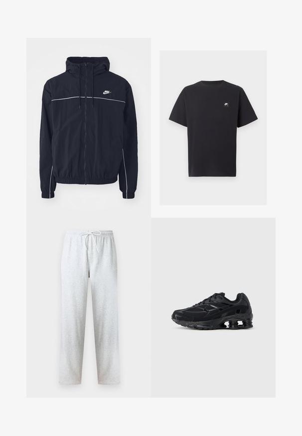 Μαύρο φούτερ με κουκούλα της Nike με ολόκληρο φερμουάρ εμπρός, λευκές λεπτομέρειες στο στήθος και τα μανίκια, ελαστικά μανσέτες και πλαϊνές τσέπες.; Μαύρο κοντομάνικο T-shirt Nike Air με στρογγυλή λαιμόκοψη και μικρό λευκό λογότυπο στο αριστερό στήθος.; Γκρι φόρμας από μαλακό ύφασμα, με ελαστική μέση και κορδόνι, και ίσια μπατζάκια. Χωρίς σχέδια ή διακοσμητικά στοιχεία.; Μαύρο αθλητικό παπούτσι με επάνω μέρος από δίχτυ, επενδυμένο κολάρο και εμφανή τεχνολογία απορρόφησης κραδασμών στη φτέρνα. Διαθέτει υφασμένα διακοσμητικά στοιχεία και κορδόνια.