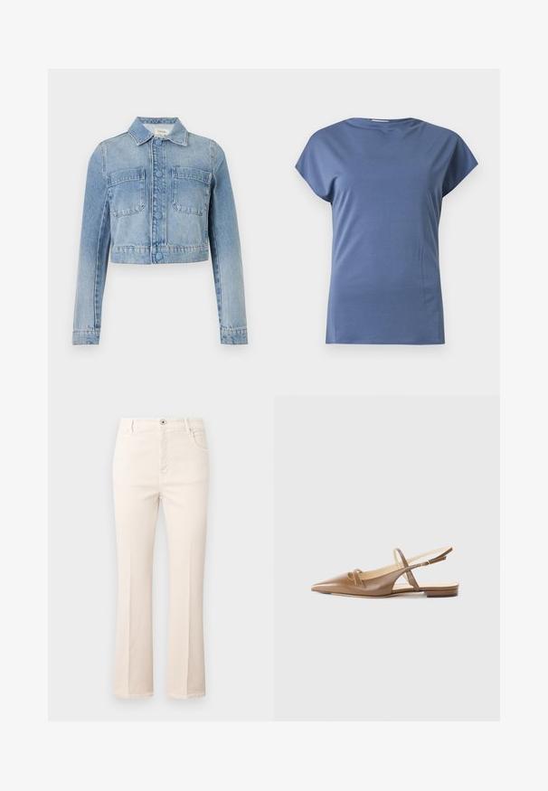 Γαλάζιο cropped denim μπουφάν με μακριά μανίκια, κούμπωμα με κουμπιά, δύο μπροστινές τσέπες στο στήθος και κλασικό γιακά.; Μπλούζα μπλε με κοντά μανίκια και στρογγυλή λαιμόκοψη, με άνετη εφαρμογή, εμφανίζεται σε απλό φωτεινό φόντο.; Άνετα τζιν σε μπεζ χρώμα με φαρδύ σχεδιασμό, κατασκευασμένα από βαμβάκι, που διαθέτουν ψηλή μέση, πέντε τσέπες, κλείσιμο με κουμπί και διακριτές ραφές.; Καφέ δερμάτινα slingback παπούτσια με μυτερή μύτη, δύο στενές λωρίδες και χαμηλό τακούνι. Λείος υφής με γυαλιστερό φινίρισμα.