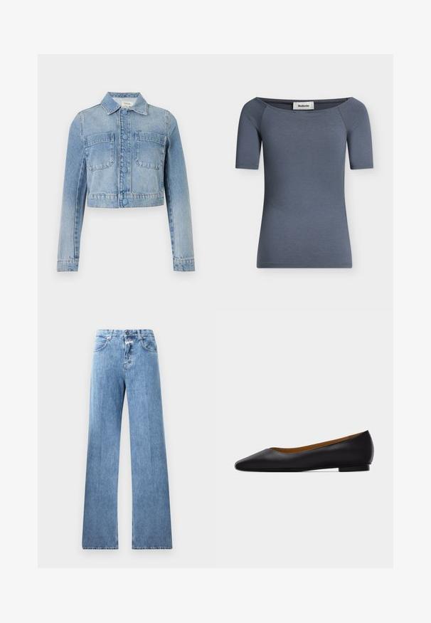Veste en jean courte bleu clair avec manches longues, fermeture à boutons, deux poches poitrine à l'avant et col classique.; Top femme ajusté à manches courtes en gris foncé avec un large décolleté légèrement tombant sur l'épaule et une étiquette de marque visible à l'intérieur du col.; Jeans en denim bleu clair avec une coupe large, cinq poches, passants de ceinture et fermeture à bouton. Le tissu a une texture lisse.; Chaussure plate en cuir noir à bout pointu avec talon bas et finition lisse, vue de côté sur un fond gris clair.