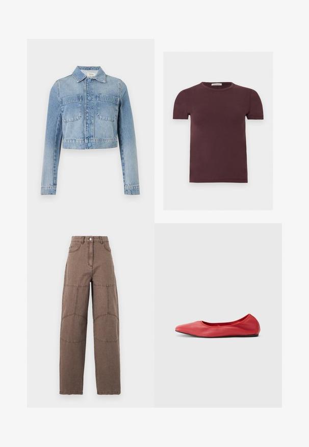 Veste en jean courte bleu clair avec manches longues, fermeture à boutons, deux poches poitrine à l'avant et col classique.; T-shirt à manches courtes col rond en bordeaux foncé, en tissu doux, avec une petite étiquette de marque à l'intérieur du col.; Pantalon marron taille haute à jambes droites avec des patchs visibles aux genoux, fermeture à boutons sur le devant et poches avant, présenté sur un fond uni.; Filippa K REY FLATS - Ballerines - bright red
