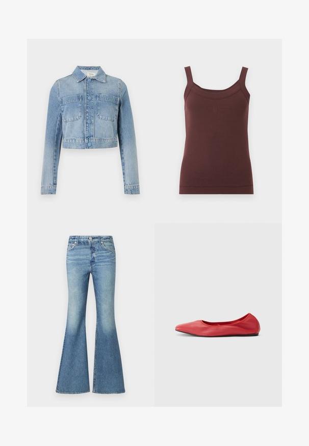 Veste en jean courte bleu clair avec manches longues, fermeture à boutons, deux poches poitrine à l'avant et col classique.; Débardeur brun côtelé sans manches avec encolure carrée et logo brodé discret au centre devant.; Jean flare bleu clair en tissu denim doux, avec une taille haute, un effet délavé autour des cuisses et un design classique à cinq poches avec des éléments métalliques.; Filippa K REY FLATS - Ballerines - bright red