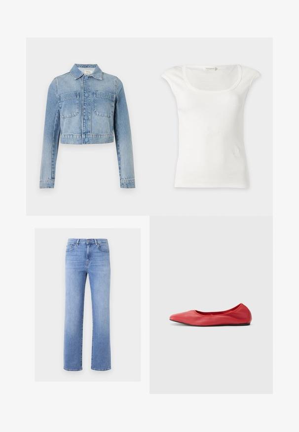 Veste en jean courte bleu clair avec manches longues, fermeture à boutons, deux poches poitrine à l'avant et col classique.; Haut blanc sans manches côtelé avec un col rond et de petites épaulettes, présenté sur un fond clair uni.; Jean en denim bleu clair avec coupe droite, fermeture à boutons, poches avant et coutures visibles sur un fond uni.; Filippa K REY FLATS - Ballerines - bright red