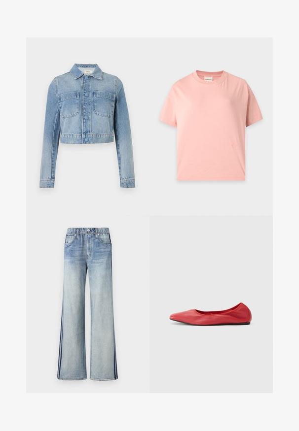 Γαλάζιο cropped denim μπουφάν με μακριά μανίκια, κούμπωμα με κουμπιά, δύο μπροστινές τσέπες στο στήθος και κλασικό γιακά.; Ανοιχτό ροζ κοντομάνικο μπλουζάκι με στρογγυλή λαιμόκοψη, ίσια γραμμή και ένα μικρό τονικό κεντημένο λογότυπο κοντά στο κάτω στρίφωμα.; Τα τζιν σε ανοιχτό γαλάζιο χρώμα διαθέτουν ψηλή ζώνη μέσης, φαρδιές παντελόνες και πλαϊνές σκούρες μπλε ρίγες. Το ύφασμα έχει ελαφρώς υφή με ξεθώριασμα.; Filippa K REY FLATS - Μπαλαρίνες - bright red