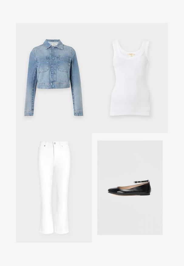 Veste en jean courte bleu clair avec manches longues, fermeture à boutons, deux poches poitrine à l'avant et col classique.; Débardeur blanc côtelé sans manches avec encolure dégagée, présenté à plat sur un fond clair.; Jean blanc taille haute à jambe évasée, fermeture à bouton et zip sur le devant, et poches latérales, présenté sur un fond uni clair.; Ballerines noires en cuir avec un bout rond, une bride à la cheville et un petit talon. Texture lisse et design minimaliste.