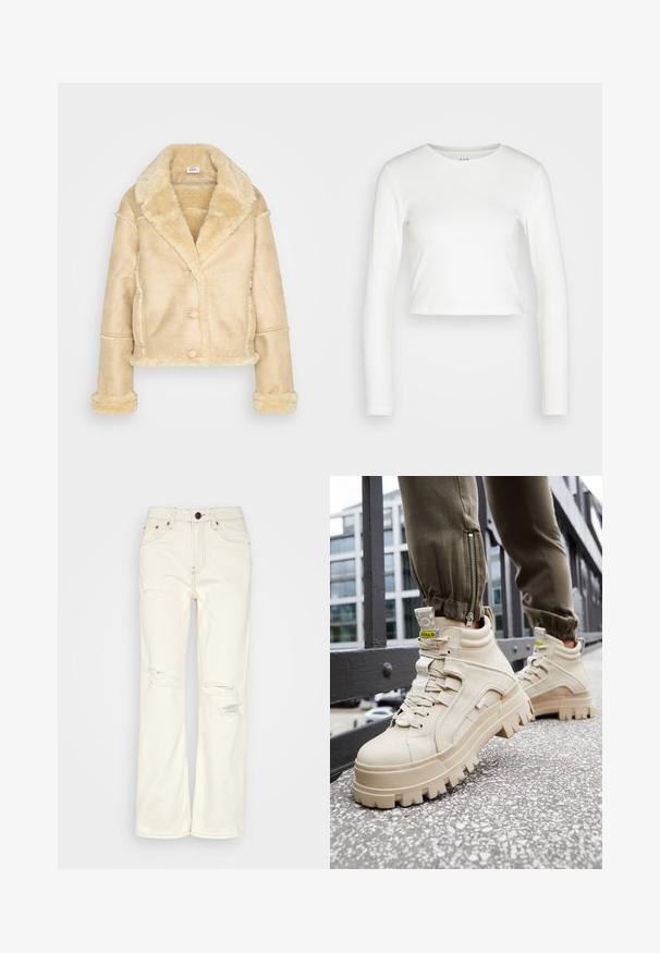 Μπεζ ζακέτα από shearling με μεγάλο γιακά, κούμπωμα με κουμπιά, πλαϊνές τσέπες και φουντωτή επένδυση στα μανίκια, το στρίφωμα και τον γιακά.; GAP ULTRA CROP RIB TEE - Μπλούζα με μακριά μανίκια - new off white; BDG Urban Outfitters STRAIGHT - Straight leg jeans - ecru; Μπεζ ξεκούμπωτα πάνινα παπούτσια με χοντρή, υφασμάτινη σόλα, σχέδιο με κορδόνια και κίτρινες διακριτικές ετικέτες. Υφασμάτινος επάνω με αντίθετη ραφή.