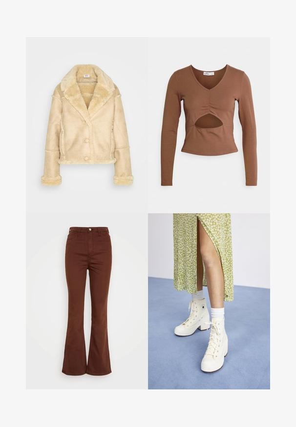 Μπεζ ζακέτα από shearling με μεγάλο γιακά, κούμπωμα με κουμπιά, πλαϊνές τσέπες και φουντωτή επένδυση στα μανίκια, το στρίφωμα και τον γιακά.; Καφέ μπλούζα με μακριά μανίκια από μαλακό ύφασμα, με V-λαιμόκοψη, ραφές συγκέντρωσης και άνοιγμα στη μέση. Εφαρμοστή γραμμή με κοντή μήκη.; Hollister Co. CURVED SEAM FLARE - Τζιν καμπάνα - braun; Λευκά ψηλά αθλητικά παπούτσια με πλατφόρμα και κορδόνια, με ασημένια μάτια, σε συνδυασμό με λευκές κάλτσες μέχρι τον αστράγαλο, τοποθετημένα σε μια ανοιχτό μπλε επιφάνεια.