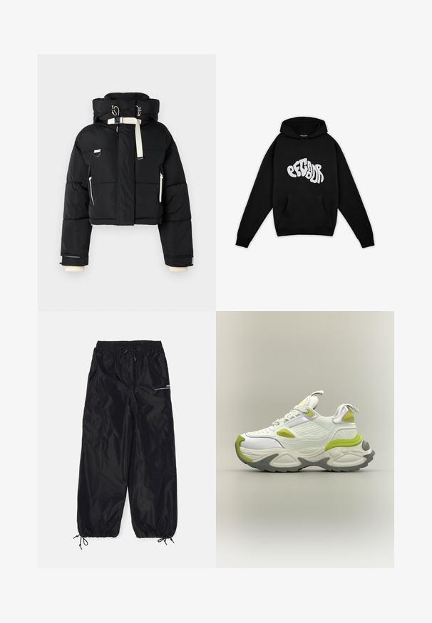 Sort cropped pufferjakke med hætte, udsmykket med cremefarvede detaljer, lynlås foran, sidelommer og elastiske mansjetter.; Pegador PALUMA OVERSIZED HOODIE - Sweatshirt - black; Sorte cargobukser lavet af blank nylon med elastisk talje, justerbar snor, sidelommer og elastiske manchetter.; Hvide og lysegrønne chunky sneakers med tyk sål, snørebånd foran og trækstropper på tunge og hæl, vist på neutral baggrund.