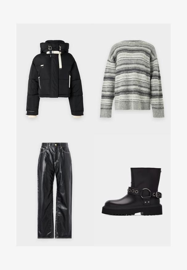 Zwart cropped puffer jack met een capuchon, voorzien van crème-kleurige accenten, een ritssluiting aan de voorkant, zijzakken en elastische manchetten.; Grijs gestreepte trui gemaakt van zacht, pluizig materiaal. Heeft horizontale strepen in verschillende tinten grijs en wit. Ronde hals, lange mouwen.; Zwarte neplederen broek met een wijduitlopende snit, voorzien van witte stiksels, voorzakken en een gouden knoop in de taille.; Zwarte leren laars tot halverwege de kuit met dikke profielzool, decoratieve riem met zilverkleurige metalen oogjes en gesp aan de zijkant.
