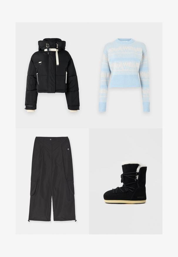 Schwarze, taillierte Steppjacke mit Kapuze, ausgestattet mit cremefarbenen Akzenten, einem Reißverschluss vorne, seitlichen Taschen und elastischen Bündchen.; Gehäkelter Pullover in Hellblau mit cremefarbenem Logo-Schriftzug. Verfügt über einen gerippten Saum und Bündchen, lange Ärmel und einen Rundhalsausschnitt. Kurz geschnittenes Design.; Schwarze Cargo-Hosen aus leichtem Stoff mit Seitentaschen, einem verstellbaren Kordelzug am Saum und einem Knopfverschluss.; Schwarze Wildlederstiefel mit weißem Fellfutter, mit einer Schnürung vorne, gepolstertem Knöchelstütze und einer Gummisohle für Bodenhaftung.