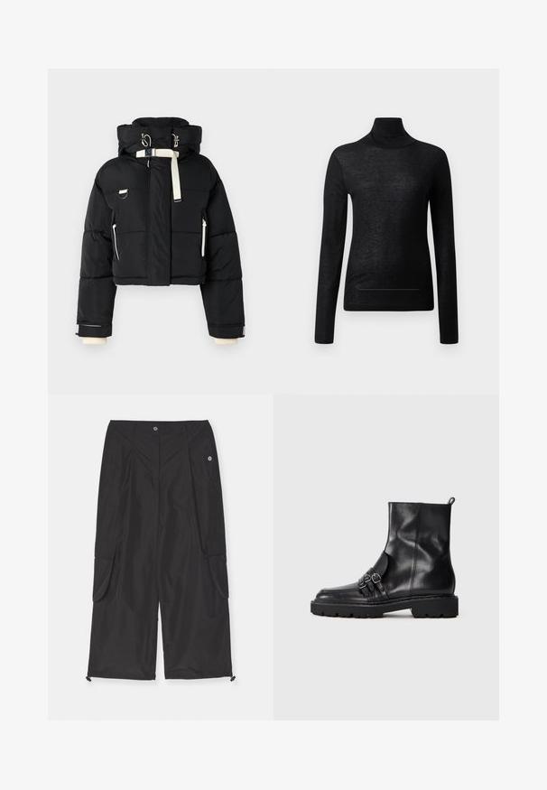 Sort cropped pufferjakke med hætte, udsmykket med cremefarvede detaljer, lynlås foran, sidelommer og elastiske mansjetter.; Sort langærmet turtle neck top lavet af letvægtsstof, med en tætsiddende design og minimale sømdetaljer, velegnet til lagdeling.; Svarte cargo-bukser lavet af letvægtsstof har sidelommer, justerbar snorekant og knaplukning.; Sorte læder ankelstøvler med en glat finish, der har tre spænde-udsmykninger på siden og en robust struktureret sål.