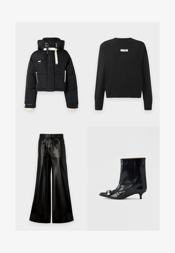 Sort cropped pufferjakke med hætte, udsmykket med cremefarvede detaljer, lynlås foran, sidelommer og elastiske mansjetter.; Sort sweatshirt i bomuldsblanding med ribbet rund hals og manchetter. Har et rektangulært hvidt mærke på brystet med sort tekst.; Sorte læder bukser med bred ben og snøre i taljen. Glat tekstur, høj talje, løs pasform, med sidelommer og knaplukning.; Sort læder ankelstøvle med spids tå, lav kitten-hæl og dekorativ sølvspænde på siden nær tåen.