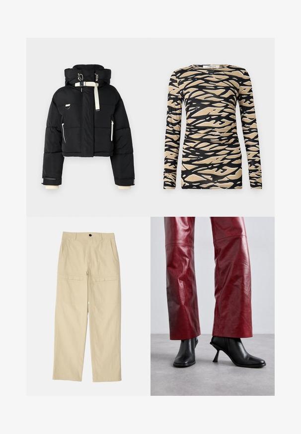 Sort cropped pufferjakke med hætte, udsmykket med cremefarvede detaljer, lynlås foran, sidelommer og elastiske mansjetter.; Langærmet top med et sort og beige abstrakt bølgemønster på et glat, strækbart stof. Figursyet design med rund halsudskæring og slanke ærmer.; Beige vidde bukser lavet af bomuld. Har to forlommer, to baglommer og en enkelt knaplukning i livet.; Sorte ankelstøvler med højhælede og spidse tæer, i en vinkelret design, parret med højtaljede røde læderbukser med et subtilt mønster.