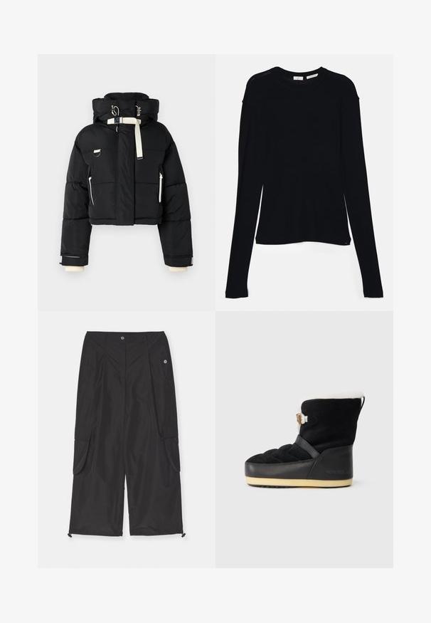 Sort cropped pufferjakke med hætte, udsmykket med cremefarvede detaljer, lynlås foran, sidelommer og elastiske mansjetter.; Sort langærmet bluse lavet af blødt stof, med rund halsudskæring og en afslappet pasform med sideslids i kanten for nem bevægelse.; Svarte cargo-bukser lavet af letvægtsstof har sidelommer, justerbar snorekant og knaplukning.; Sorte ruskindsstøvler med et quiltet design, hvidt pelsfor og en sort gummisål. Har en dekorativ rem og branddetalje.