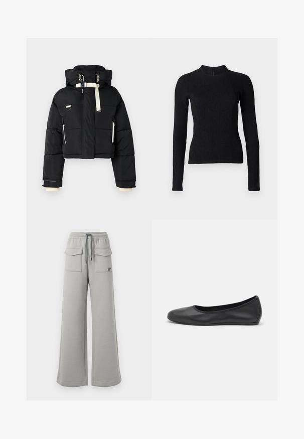 Schwarze, taillierte Steppjacke mit Kapuze, ausgestattet mit cremefarbenen Akzenten, einem Reißverschluss vorne, seitlichen Taschen und elastischen Bündchen.; Schwarzes Langarmoberteil mit einer figurbetonten Passform, strukturiertem Stoff und hochgeschnittenem Kragen. Verfügt über einen verdeckten Reißverschluss im Rücken zur Befestigung.; Hellegraue, weite Sweatpants mit elastischem Bund, grünem Kordelzug und zwei aufgesetzten Taschen auf der Vorderseite. Mit "BP"-Logo in Schwarz.; Schwarze Leder-Ballettschuhe mit abgerundeter Spitze, glatter Textur, minimalen Nähdetails und einem flexiblen Sohlen-Design.