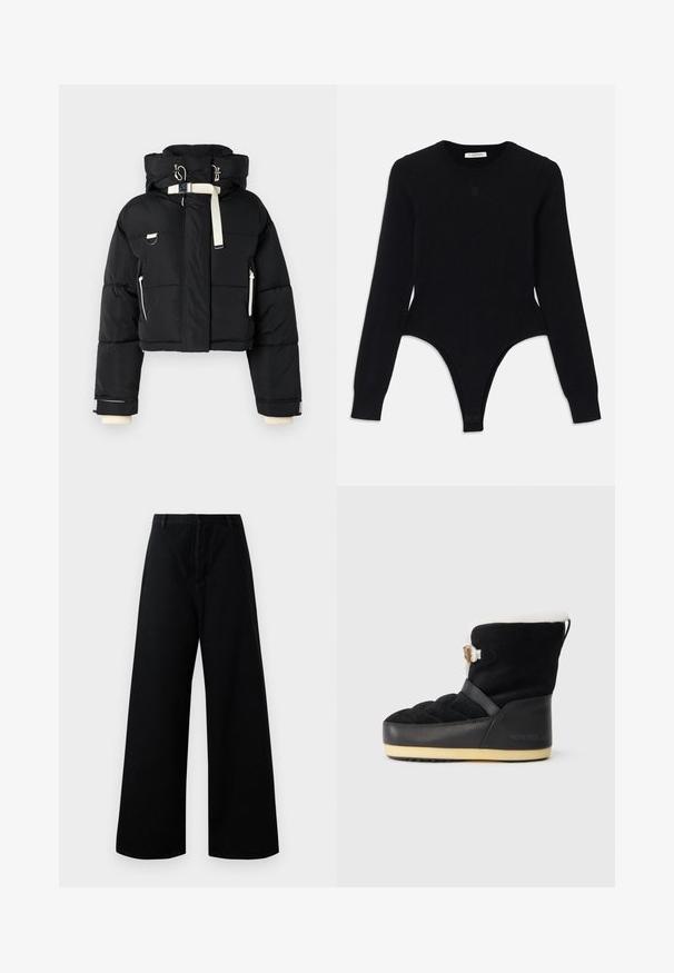 Sort cropped pufferjakke med hætte, udsmykket med cremefarvede detaljer, lynlås foran, sidelommer og elastiske mansjetter.; Sort langærmet bodysuit med rund halsudskæring, tætsiddende design og thong-lignende bund. Fremstillet af blødt, elastisk stof for komfort.; Sorte breddebenede bukser lavet af bomuld, med høj talje, forlommer og et rent, enkelt design med minimale syninger.; Sorte ruskindsstøvler med et quiltet design, hvidt pelsfor og en sort gummisål. Har en dekorativ rem og branddetalje.