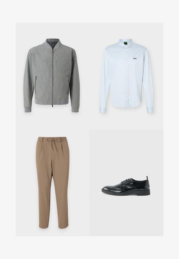 Chaqueta bomber gris hecha de tela texturizada, con cierre de cremallera, puños acanalados y bolsillos laterales con cremalleras. Forro interior suave.; Camisa azul claro de manga larga con botones y cuello, logo negro "BOSS" en el lado izquierdo del pecho y puños con botones.; Pantalones beige ajustados con cintura ajustable, bolsillos laterales y textura suave. Sin patrones visibles ni acentos adicionales.; Zapato de vestir negro de cuero brillante con tacón bajo, cierre de cordones y puntera redonda, mostrado de lado sobre un fondo claro y liso.