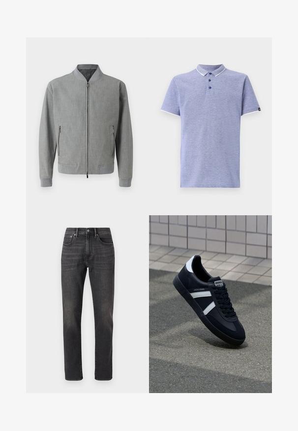 Chaqueta bomber gris hecha de tela texturizada, con cierre de cremallera, puños acanalados y bolsillos laterales con cremalleras. Forro interior suave.; Polo en tela azul claro con mangas cortas, cuello, tapeta de tres botones y acentos blancos contrastantes en el cuello y las mangas.; Jeans de mezclilla negra con un diseño de pierna recta, que incluyen bolsillos delanteros, un cierre de botón y un sutil desgaste en la tela.; Zapatilla de cuero negra con rayas blancas, suela de goma texturizada y parte frontal con cordones. Cuenta con una etiqueta de marca en la lengüeta.