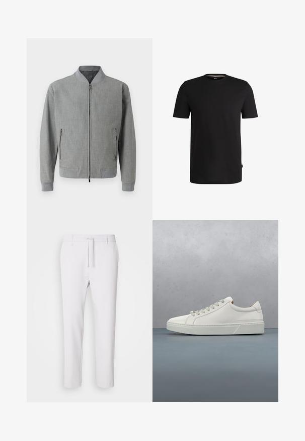 Chaqueta bomber gris hecha de tela texturizada, con cierre de cremallera, puños acanalados y bolsillos laterales con cremalleras. Forro interior suave.; Camiseta corta negra de algodón suave con cuello redondo. Presenta una sutil etiqueta de la marca en el lado izquierdo cerca del dobladillo.; Pantalones blancos ajustados con cintura elástica, cierre de cordón, textura suave y sin patrones ni acentos visibles.; Zapatilla blanca de cuero con punta redondeada, diseño minimalista, cordones grises y suela de goma texturizada gris. Detalles de costura sutiles visibles.