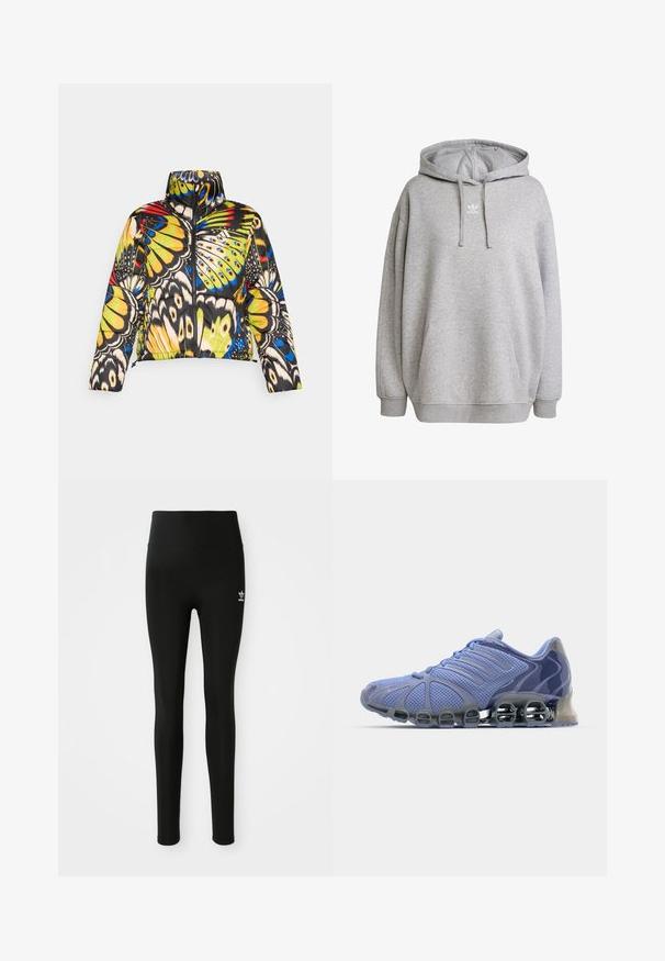 Polstret jakke med høj krave, der har et farverigt sommerfuglemønster i gul, blå og sort. Lynlåslukning og kort design.; adidas Originals ESSENTIALS - Hættetrøje - medium grey heather; Sorte leggings lavet af strækbart materiale med høj talje, med et lille hvidt Adidas-logo på venstre ben. Glat tekstur.; adidas Originals MEGA GHOSTRIDE W - Sneakers - blue spark/blue spark metallic/silver metallic