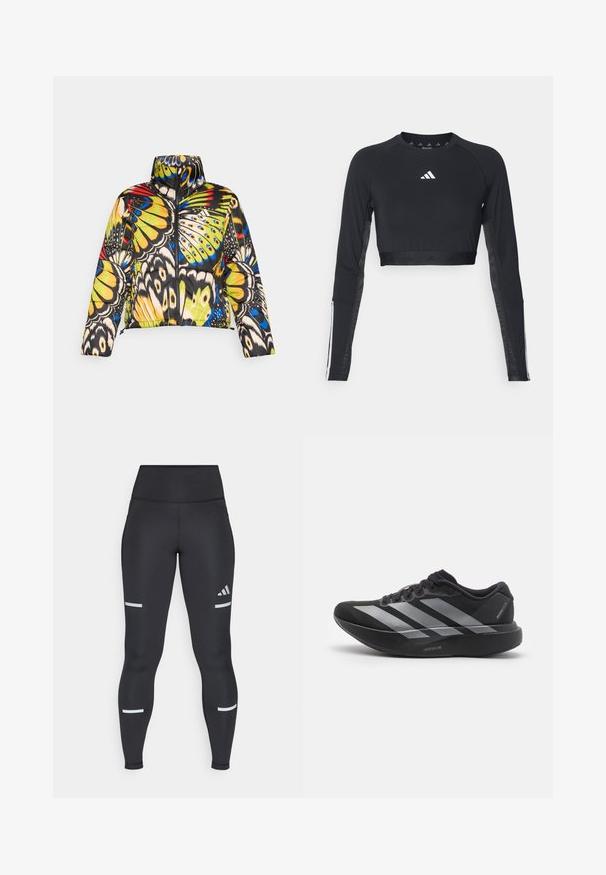 Gepolsterte Jacke mit hohem Kragen, ausgestattet mit einem bunten Schmetterlingsmuster in Gelb, Blau und Schwarz. Reißverschluss und verkürztes Design.; Schwarzes, verkürztes Langarm-Workout-Oberteil aus glattem Material. Mit einem weißen Logo auf der Brust und gestreiften Akzenten an den Ärmeln.; Schwarze Leggings mit einem hohen Bund, aus glattem Material. Verfügt über weiße reflektierende Streifen in der Nähe der Knie und ein Adidas-Logo.; Schwarzer Laufschuh mit silbernen Streifen, dicke gepolsterte Sohle beschriftet "Lightstrike Pro", Seitenansicht auf weißem Hintergrund.
