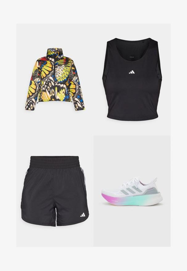 Gepolsterte Jacke mit hohem Kragen, ausgestattet mit einem bunten Schmetterlingsmuster in Gelb, Blau und Schwarz. Reißverschluss und verkürztes Design.; Schwarzes Sport-Crop-Top aus feuchtigkeitsableitendem Material, mit rundem Halsausschnitt, ärmellosem Design und weißem Logo auf der Brust.; Schwarze Sportshorts mit elastischem Bund, seitlichen Taschen und weißen Streifenakzenten an den Seiten. Hergestellt aus leichtem Material.; Weißer Adidas Laufschuh mit hellblauer und pinkfarbener Verlaufssohle, drei grauen Seitenstreifen und gestricktem Obermaterial mit Schnürsenkeln.