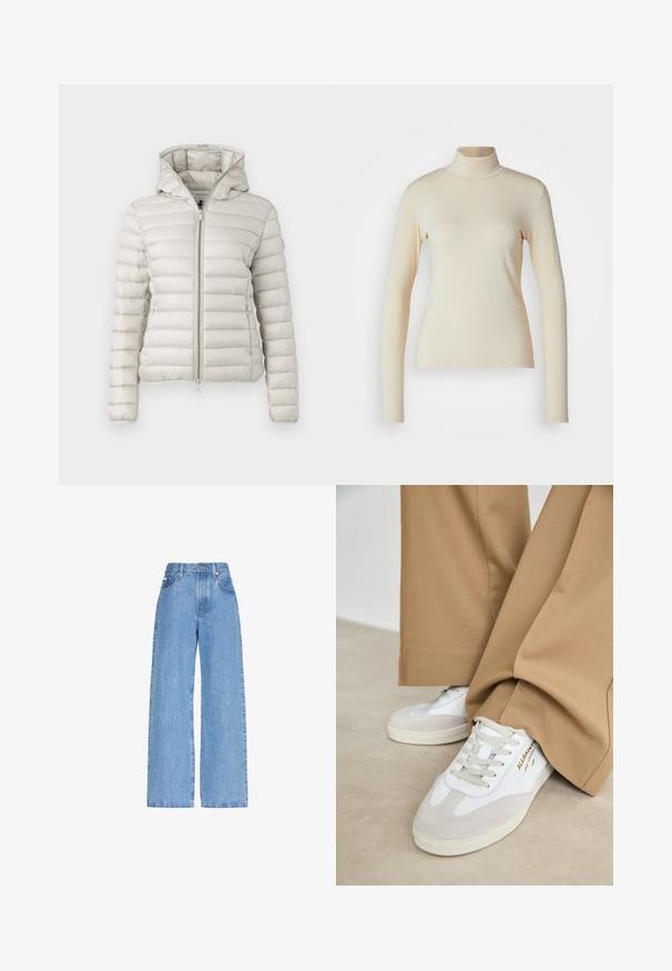Chaqueta de plumas gris claro con cremallera frontal, capucha y textura acolchada. Presenta un ajuste ceñido y puños elásticos.; Top de manga larga de color crema con cuello alto, hecho de una tela suave y elástica; diseño ajustado con cuello alto y sin patrones o acentos visibles.; Vaqueros de denim azul claro de talle alto con piernas anchas, bolsillos delanteros, trabillas para cinturón y cierre de botón.; Zapatillas blancas con detalles de ante, cordones texturizados y suela de goma. Combinadas con un pantalón suelto en tono marrón claro. Logo exhibido en el lateral.