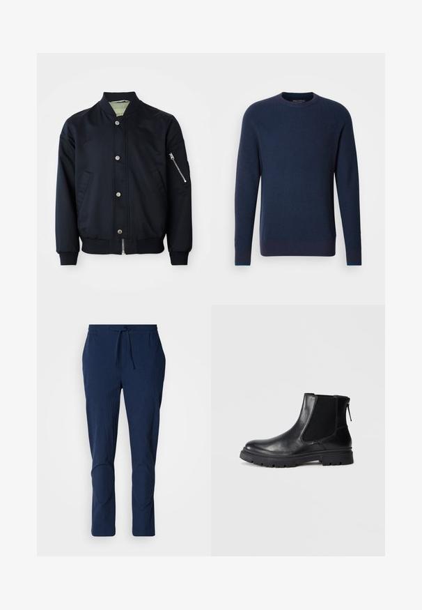 Veste bombardier marine avec boutons-pression, poche zippée sur le bras, col, poignets et ourlet côtelés, poches avant sur fond blanc.; Pull en tricot bleu marine avec texture côtelée, col rond et accents bleus contrastants au niveau des poignets. Design simple, à coupe droite avec des manches longues.; Pantalons bleu marine en tissu texturé, avec une taille élastique et un cordon de serrage. Présente des jambes fuselées avec des accents cousus au niveau des genoux.; Bottine en cuir noir avec une finition lisse, des panneaux latéraux en maille élastique et une semelle robuste avec un motif de crampons visible.