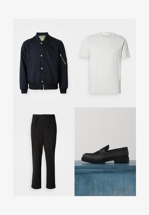 Veste bombardier marine avec boutons-pression, poche zippée sur le bras, col, poignets et ourlet côtelés, poches avant sur fond blanc.; T-shirt en coton blanc à manches courtes, col rond et petit logo sur la poitrine. Texture douce et coupe classique. Pas de motifs.; Pantalons en tricot noirs avec un waistband à cordon de serrage, coupe droite et poches latérales. Texture douce avec une finition lisse.; Chaussure noire en cuir sans lacets avec un accent en tissu texturé, une semelle en caoutchouc robuste et une finition lisse. Présente un détail de couture subtil.