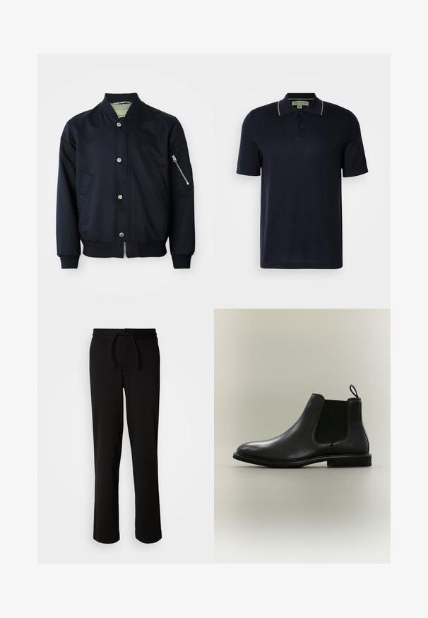 Veste bombardier marine avec boutons-pression, poche zippée sur le bras, col, poignets et ourlet côtelés, poches avant sur fond blanc.; Polo shirt bleu marine à manches courtes avec deux boutons et un subtil bord beige sur le col, présenté sur un fond clair uni.; Pantalons de survêtement noirs avec une taille élastique à cordon, fabriqués à partir d'un tissu doux et extensible. Présente une coupe décontractée avec des jambes droites et sans poches visibles.; Botte Chelsea en cuir noir avec panneau latéral élastique, languette à l'arrière, semelle plate et bout arrondi, présentée sur un fond gris clair.