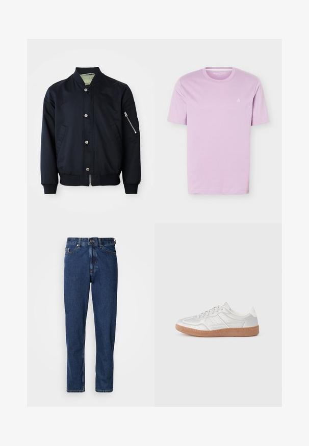 Veste bombardier marine avec boutons-pression, poche zippée sur le bras, col, poignets et ourlet côtelés, poches avant sur fond blanc.; T-shirt mauve clair à manches courtes avec col rond et petit logo blanc "M OP" sur le côté gauche de la poitrine, présenté sur un fond blanc.; Jean bleu foncé en denim, avec une coupe droite, style cinq poches et des coutures apparentes le long des coutures.; Baskets argentées avec une texture lisse, un design à lacets, des accents perforés et une semelle en caoutchouc marron texturé.