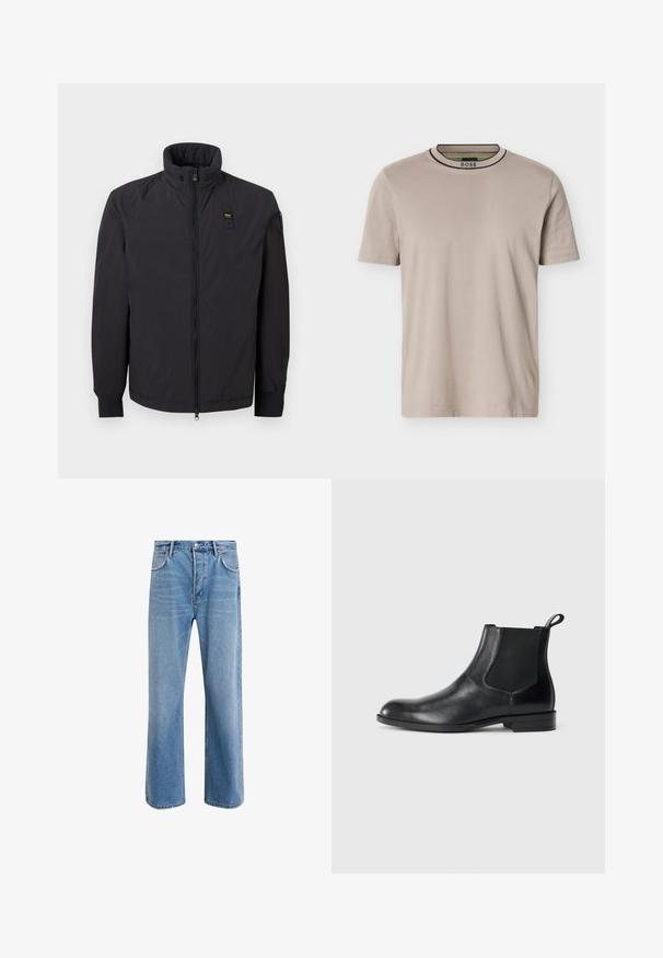 Veste zippée noire avec col montant, manches longues et petite écusson rectangulaire sur la poitrine gauche et la manche.; T-shirt beige à manches courtes et col rond côtelé, avec des rayures noires et vertes sur le col et le logo "BOSS" à l'intérieur du col.; Jeans en denim bleu clair avec une coupe droite, cinq poches, fermeture à bouton, peu d'usure et des détails de couture contrastés.; Bottine en cuir noir avec des panneaux latéraux élastiques, bout rond et tirette. Texture lisse, semelle plate, design minimaliste.