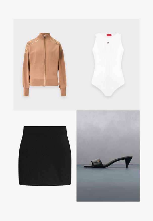 Suéter beige con cremallera, hecho de tela suave, con puños y dobladillo acanalados, y detalles bordados de flores en los hombros.; Body ajustado sin mangas blanco con escote redondo y pequeño logo negro "HUGO" en el pecho, etiqueta de marca roja en el interior del cuello.; Minifalda negra de Calvin Klein con corte recto y sutil logo CK en el dobladillo inferior derecho.; Sandalia de tacón abierta de cuero negro con un logo dorado en la correa, flotando sobre una superficie exterior de baldosas con vegetación al fondo.
