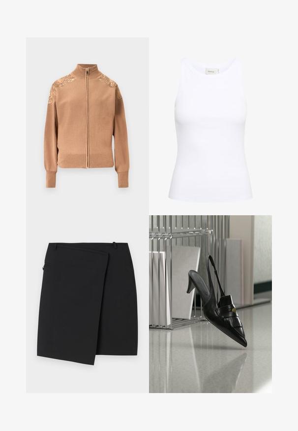 Suéter beige con cremallera, hecho de tela suave, con puños y dobladillo acanalados, y detalles bordados de flores en los hombros.; Top sin mangas de canalé blanco con escote redondo. Tejido elástico y diseño ajustado. La etiqueta en la parte posterior dice "GESTUZ."; Falda envolvente negra con una textura lisa, que cuenta con un cierre lateral de cremallera y dos presillas para cinturón. Diseño sencillo sin patrones o acentos visibles.; Zapato de tacón destalonado de cuero negro con puntera puntiaguda, flecos y detalle de botón dorado sobre un suelo reflectante cerca de soportes metálicos para archivos.