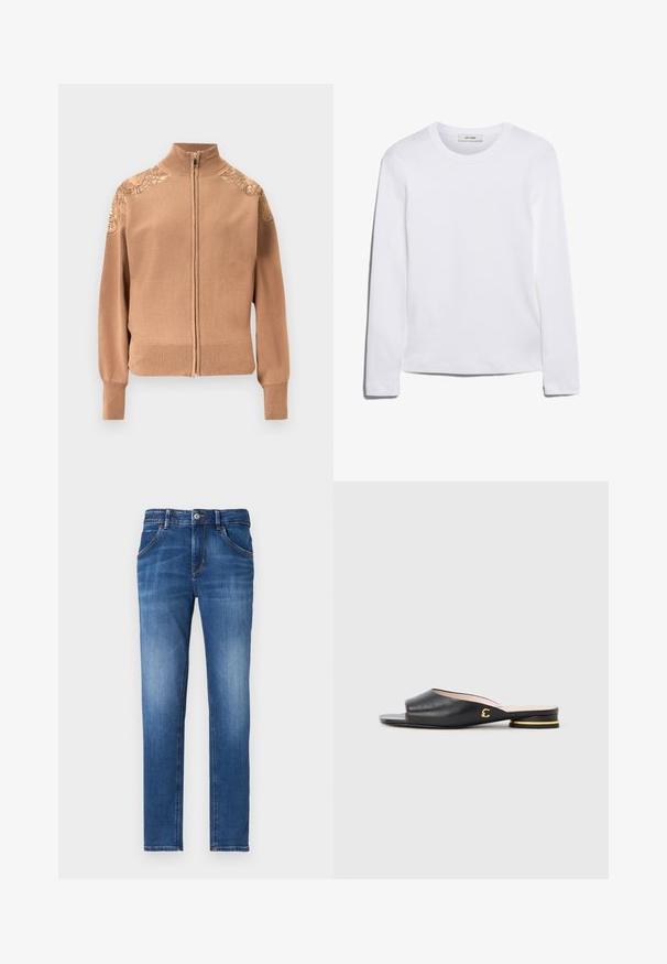 Beiger Reißverschluss-Pullover aus weichem Stoff mit gerippten Bündchen und Saum sowie bestickten Blumenakzenten auf den Schultern.; Langärmliges weißes T-Shirt aus geripptem Baumwollstoff, mit rundem Ausschnitt und geradem Saum. Einfaches Design ohne Muster oder Akzente.; Schmale blaue Denim-Jeans mit einer ausgewaschenen Optik, fünf Taschen, vorderer Knopfverschluss und kontrastierenden Nähten.; Schwarze Ledersandale zum Hineinschlüpfen mit offenem Zehenbereich, kleinem Absatz und goldfarbenem Akzent an der Seite. Glatte Textur und minimalistisches Design.