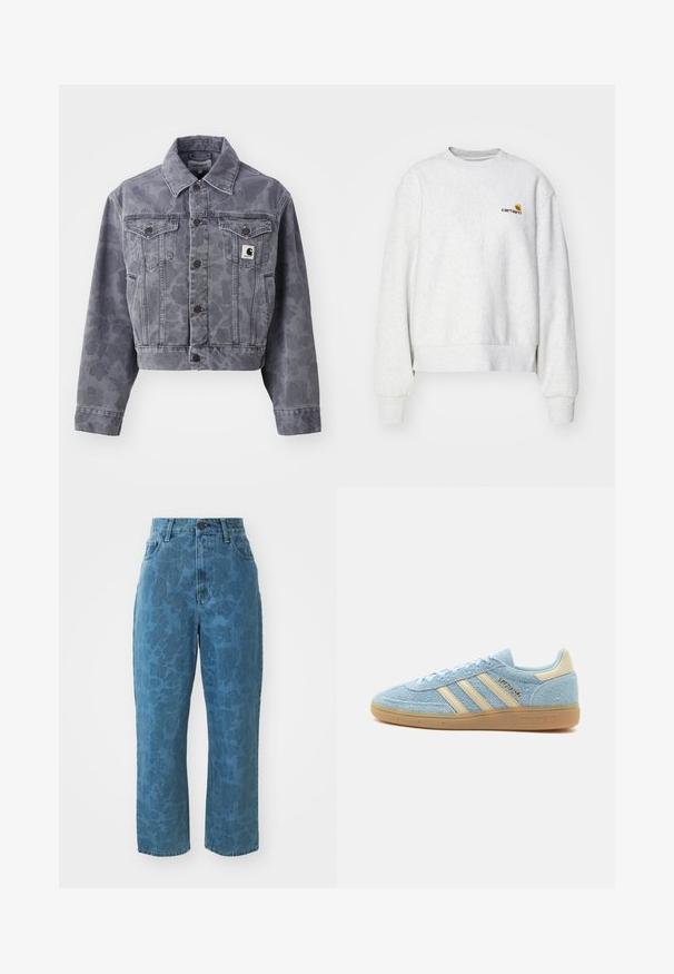 Veste en denim grise, coupée, avec un motif subtil, fermeture boutonnée à l'avant, col pointu et deux poches poitrine avec un patch logo.; Sweatshirt gris à col rond en tissu doux avec des poignets et un ourlet côtelés ; présente un logo brodé sur la poitrine en jaune et bordeaux.; Jean en denim bleu clair avec une texture à motif subtil, taille haute et coupe droite. Doté d'une fermeture à bouton et à glissière à l'avant.; Baskets Adidas en daim bleu clair avec des bandes beiges et un empiècement au talon, semelle en gomme et marquage "SPEZIAL" sur le côté.