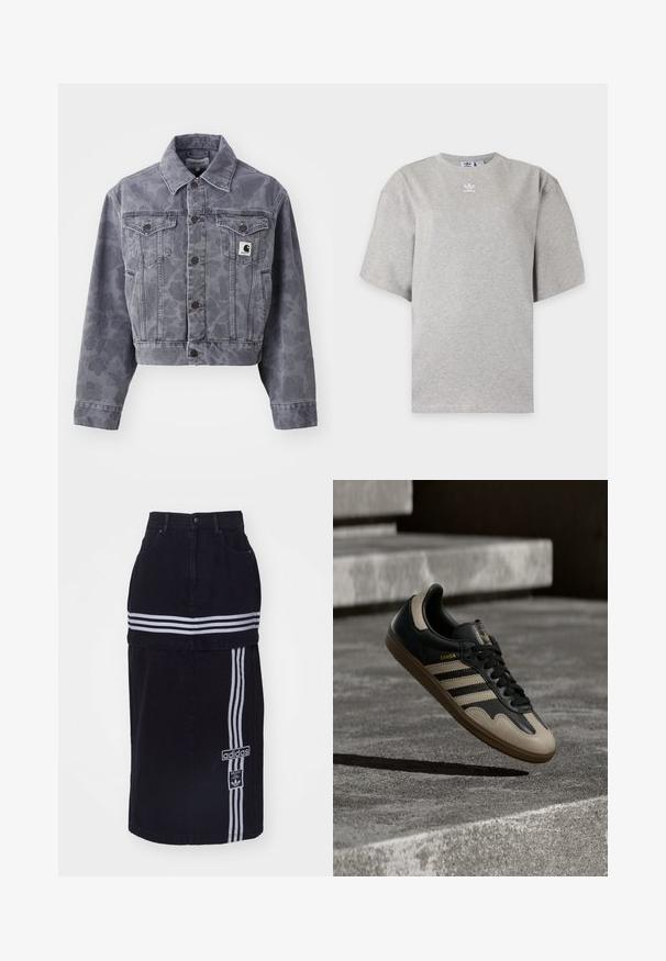 Veste en denim grise, coupée, avec un motif subtil, fermeture boutonnée à l'avant, col pointu et deux poches poitrine avec un patch logo.; T-shirt Adidas gris clair à manches courtes avec col rond et petit logo Adidas blanc sur la poitrine, présenté sur un fond simple.; Jupe en denim noir à taille haute, avec deux bandes horizontales blanches, une étiquette de logo Adidas sur le côté et un design droit.; Baskets en cuir noir et beige avec trois bandes blanches, semelle en caoutchouc beige et détail en or "Samba" sur le côté.