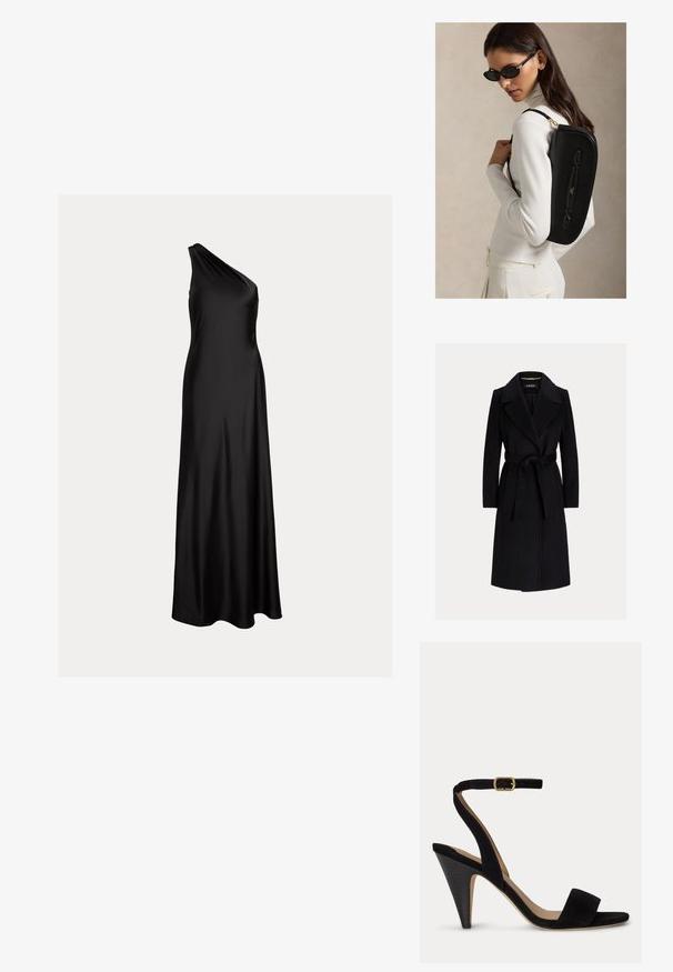 Sort uldfrakke til knælængde med brede revers og stofbælte bundet i taljen, lange ærmer og skræddersyet pasform.; Sort satin en-shoulder gulvlængde aftenkjole med tætsiddende bodice og flydende nederdel.; Sort ruskind sandaler med høj hæl, ankelrem og guldlås, åben tå og en tilspidset hæl på en ensfarvet baggrund.; Kvinde iført sorte solbriller og en hvid rullekrave bærer en stilfuld sort skuldertaske mod en neutral baggrund.