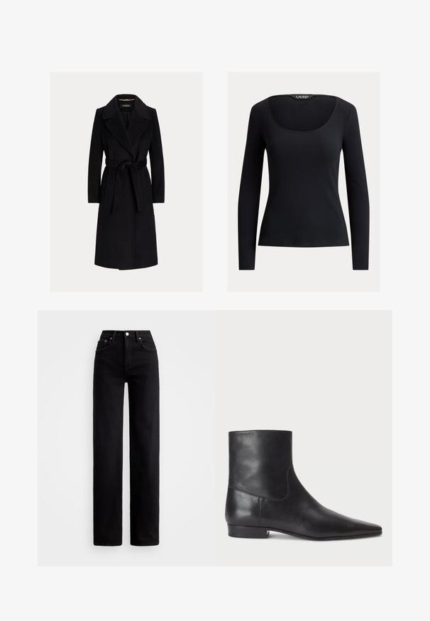 Sort uldfrakke til knælængde med brede revers og stofbælte bundet i taljen, lange ærmer og skræddersyet pasform.; Sort ribstrikket langærmet top med bådudskæring, tætsiddende pasform og Lauren Ralph Lauren-mærke inde i kraven.; Højtaljede sorte jeans med lige ben, lavet af denim, med frontlommer og sølvknaplukning.; Polo Ralph Lauren CALFSKIN ANKLE BOOT - Støvletter - black